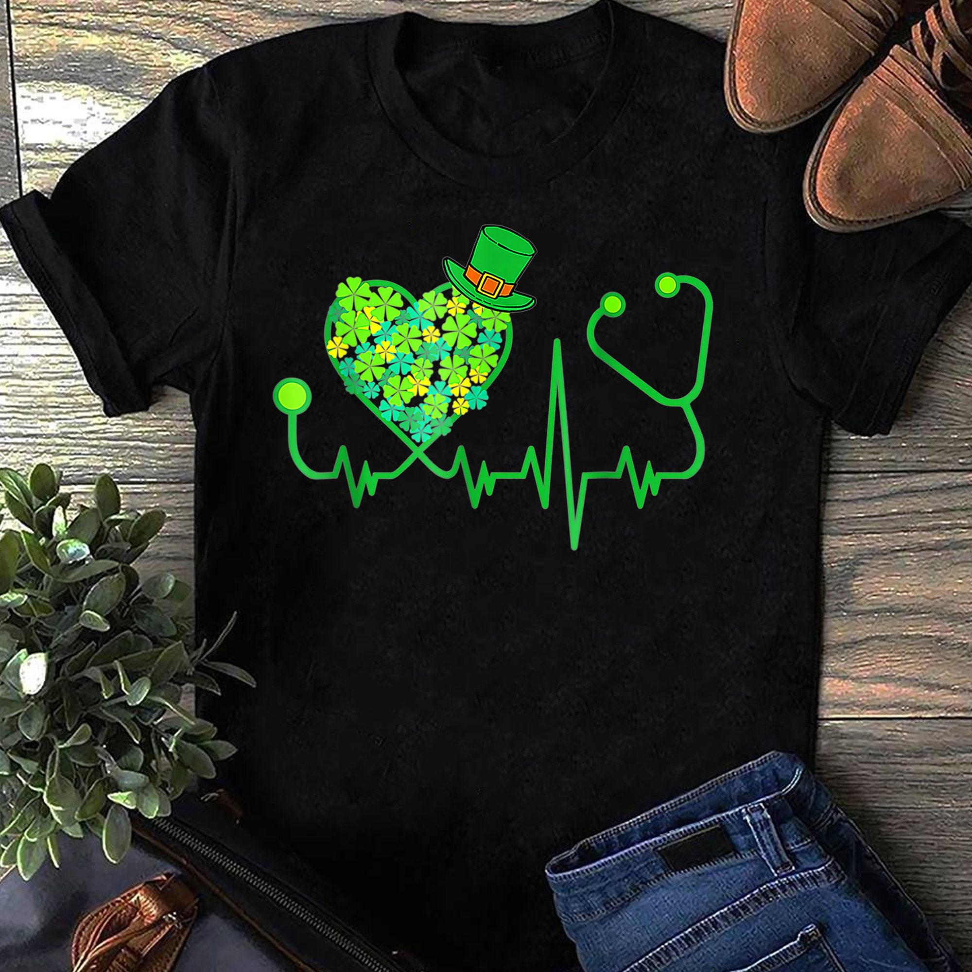 Irish Nurse Stethoscope Heartbeat Shamrock St Patricks Day Women Men T Shirts S чёрный