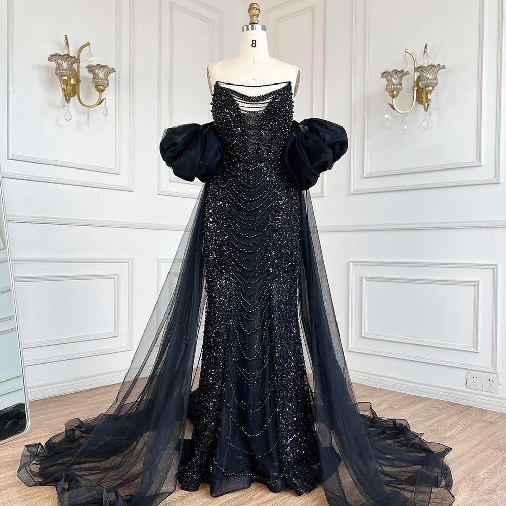 Lilac Purple Bead Bubble Sleeve Temperament Long Dress Annual Meeting Host Banquet Light Luxury Dress Dress LA11111