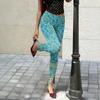 Women's Slim Pants with Retro Floral Print and Side Slit Design - Black