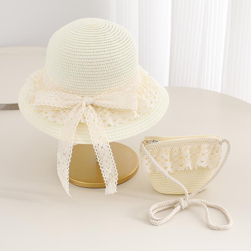 Girls Lace Straw Hat & Mini Bag Set Summer Children's Sun Hat Bow Cute Toddler Beach Hat for Kids Outdoor Travel Sun Protection