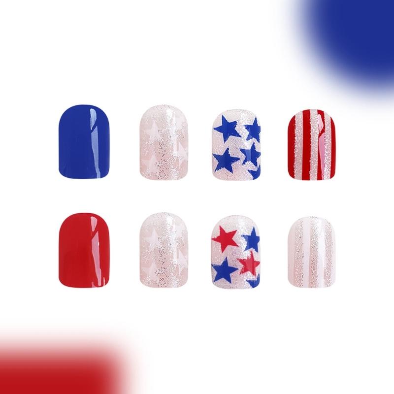 Unghia Autoadesiva Quadrata per il 4 Luglio French Tip Unghia Finta Unghia Falsa per l'Indipendenza con Bandiera Americana Stella Unghia da Incollare