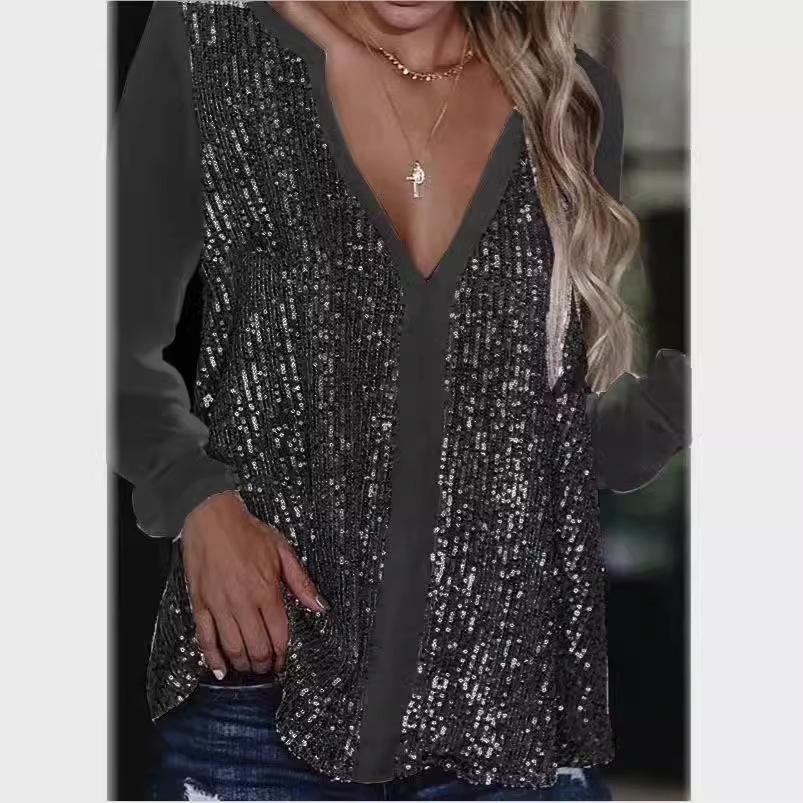 

Женские Топы Блестки Блузка Рубашки с Длинным Рукавом Блестящий Свитшот с Пайетками Пэчворк Пуловеры Свободные Удобные Базовые Рубашки S чёрный
