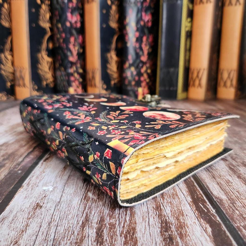 Vintage Flower Moon Eclipse Leather Dairy Notebook Sketchbook Leather Journal 200 Deckle Edge Pages