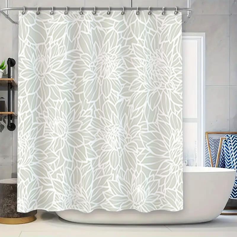 

Modern White Floral Shower Curtain Waterproof Bathroom Decor Home Decoration Rectangular Bath Rug Size 36X72 Inches W60H190(CM)-1 Pcs