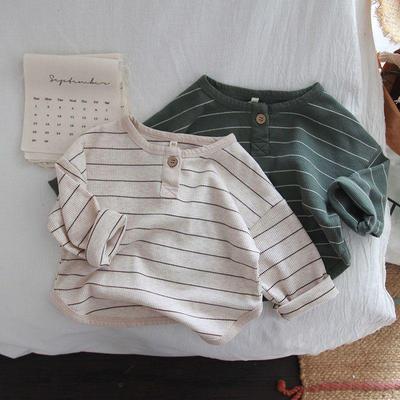 Korean Style Boys' Striped Retro T-shirt - Round Neck, Spring Fashion