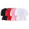 Women Summer Casual Cropped Tops O-neck Puff Short Sleeve Pullover Tops Ruffle Hem Back Lace-up Solid Color Thin Tees