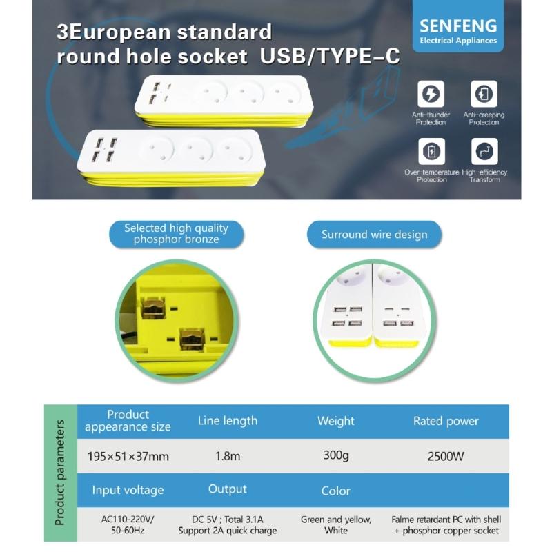 Portable 3Outlet Power Strips With Double Type C USB Port For Fast Charging Outlet Splitter Power Outlet Adapter