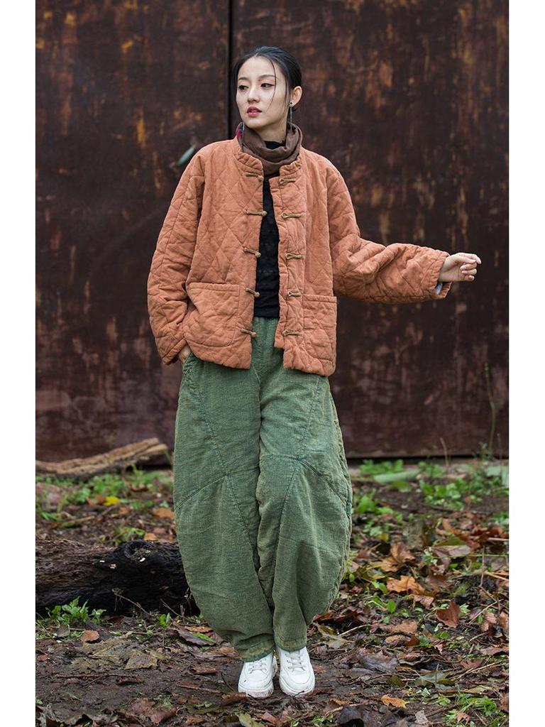 Women's Winter Ramie Quilted Diamond Pattern Cotton Coat with Frog Buttons - Bohemian Style