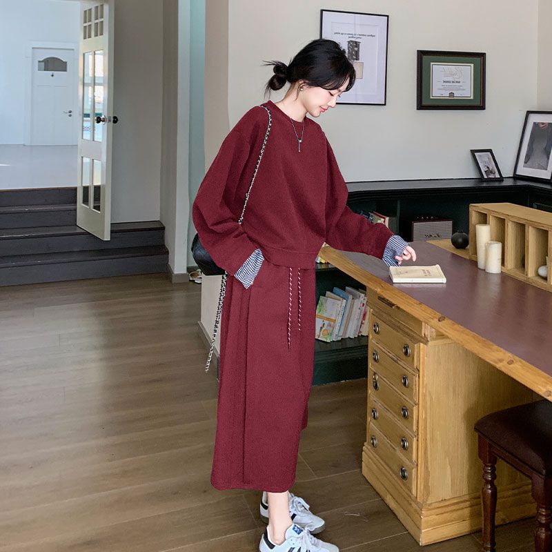 

Темно-синий Продвинутый Повседневный Худи Платье Наряд Женский 2025 Весна Корейская Серия Свободная Спортивная Юбка Костюм Двойка Burgundy XL