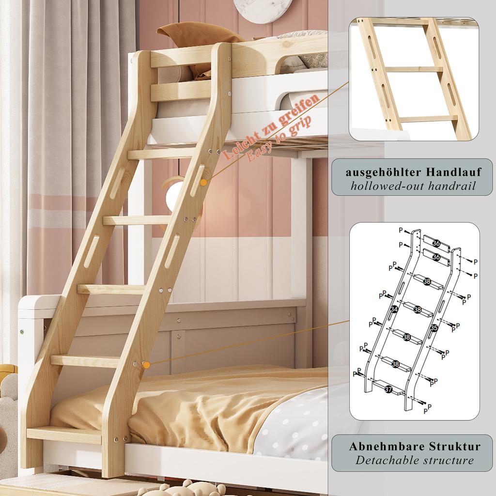 Bunk bed 90x200/140x200 cm white & natural, family bed made of wood with storage stairs, ladder, 3 bed drawers and fall protection for children's room