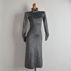 Export Single Fashion Style Gold and Silver Silk Turtleneck Long Sleeves Ruched Knitting Dress Women's Clothing Fall/Winter Slim Sheath Dress