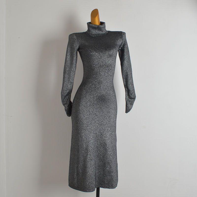 

Export Single Fashion Style Gold and Silver Silk Turtleneck Long Sleeves Ruched Knitting Dress Women s Clothing Fall/Winter Slim Sheath Dress