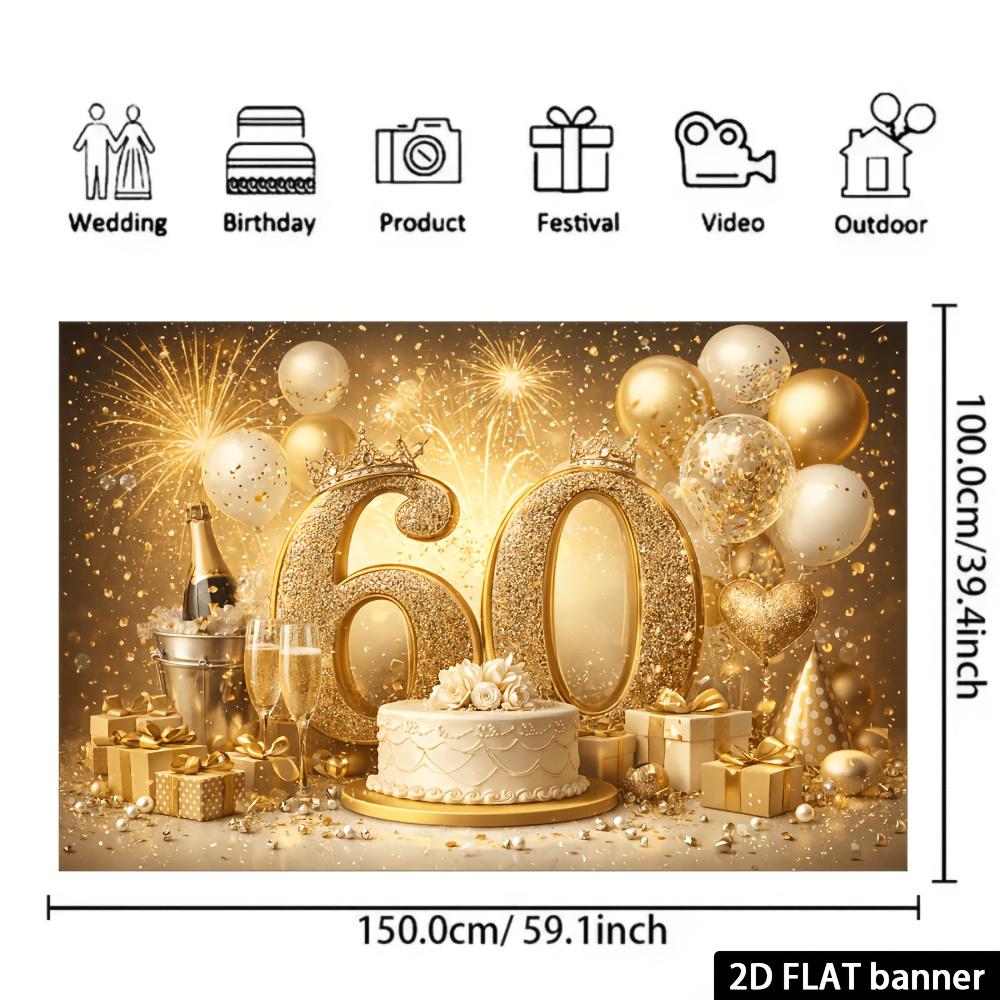 Sfondo per 60° compleanno su piano 2D, tema oro champagne con elementi dorati scintillanti per il 60°