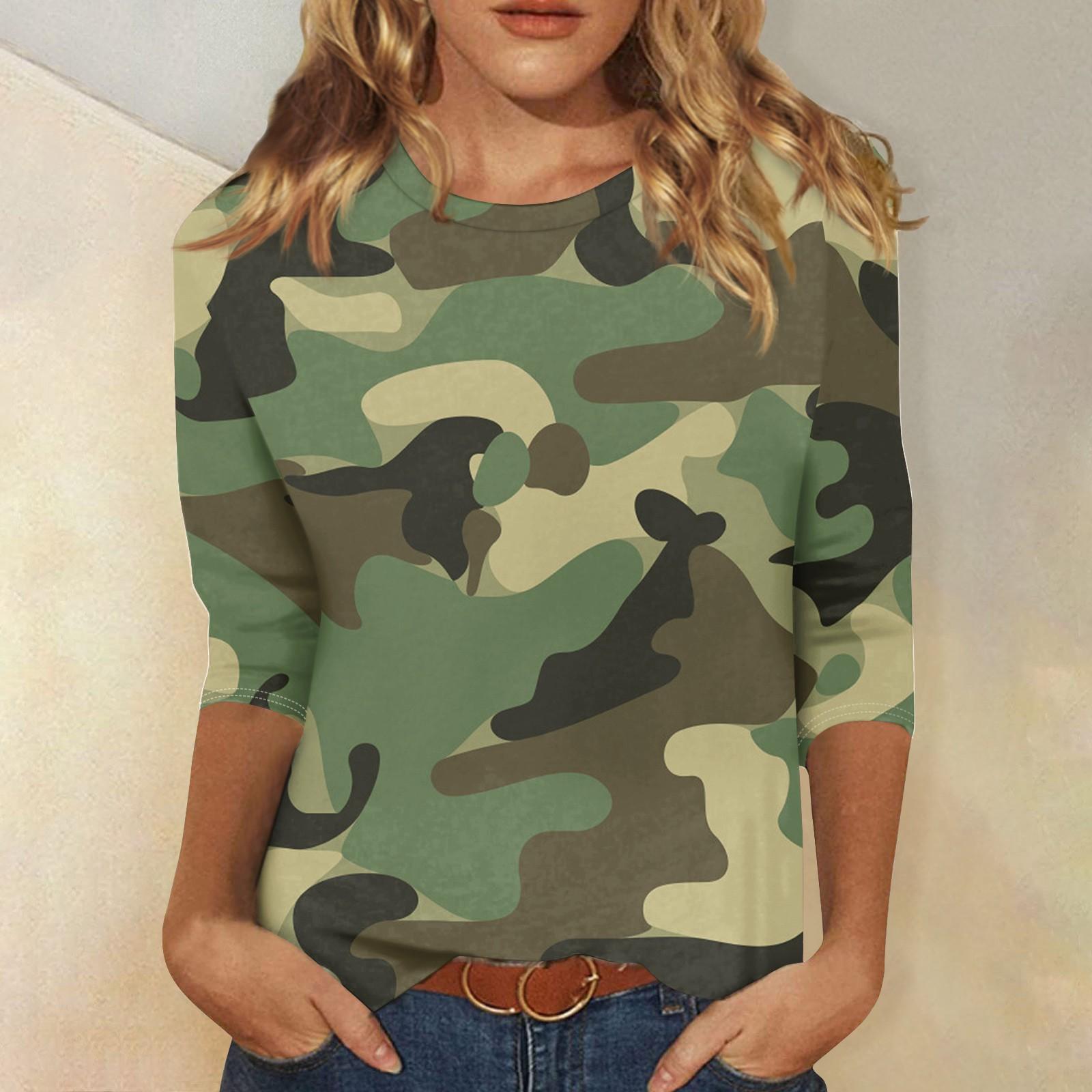 

Жіноча модна повсякденна футболка з камуфляжним принтом із сімома рукавами та круглим вирізом S