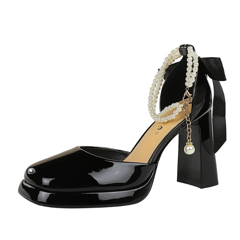 Pearl One-Button Hollow Sandals With Bow Back Patent Leather Women's Shoes Waterproof Platform Thick Heels Fashionable Elegant