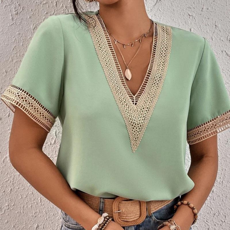 Women's Fashion Shirts Casual Shirt Summer Spring Solid Color Print Lace Short Sleeve V-Neck Blouses & Shirts