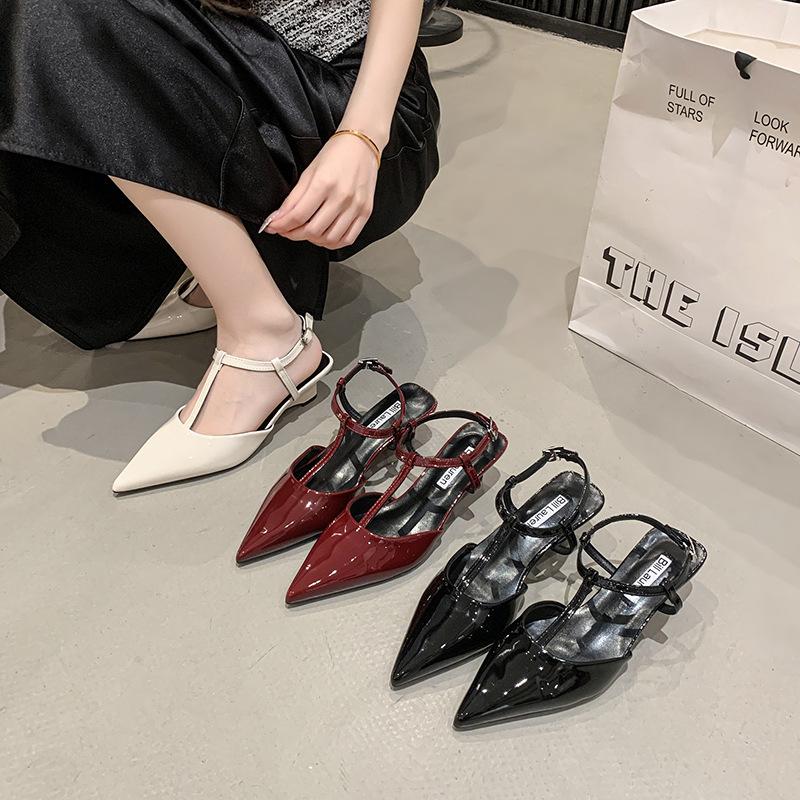 High-heeled Single Shoes Spring and Summer New Shoes Patent Leather Pointed Hollow Bright Leather T-word with Wedge Heel Sandals Women
