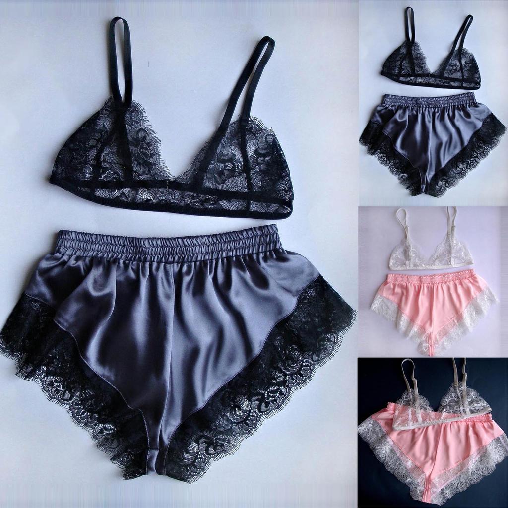 Womne Lace Sheer Elastic Camisole Satin Lace Short Lingerie Nightwear Pajama Set