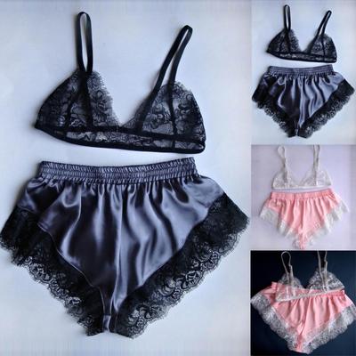 Womne Lace Sheer Elastic Camisole Satin Lace Short Lingerie Nightwear Pajama Set