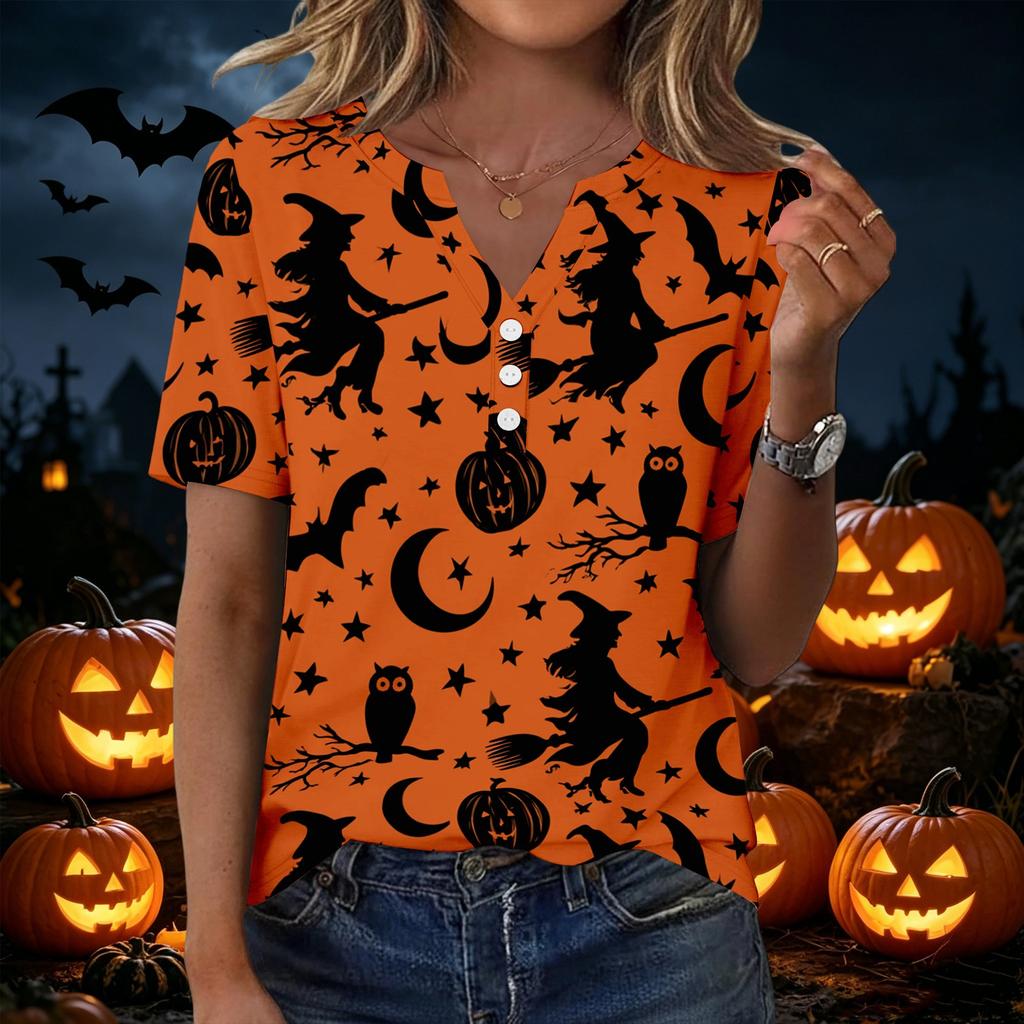 Women Casual Halloween Print V Neck Short Sleeve Button T Shirt Lightweight Soft Fabric Relaxed Fit Top for Everyday Wear