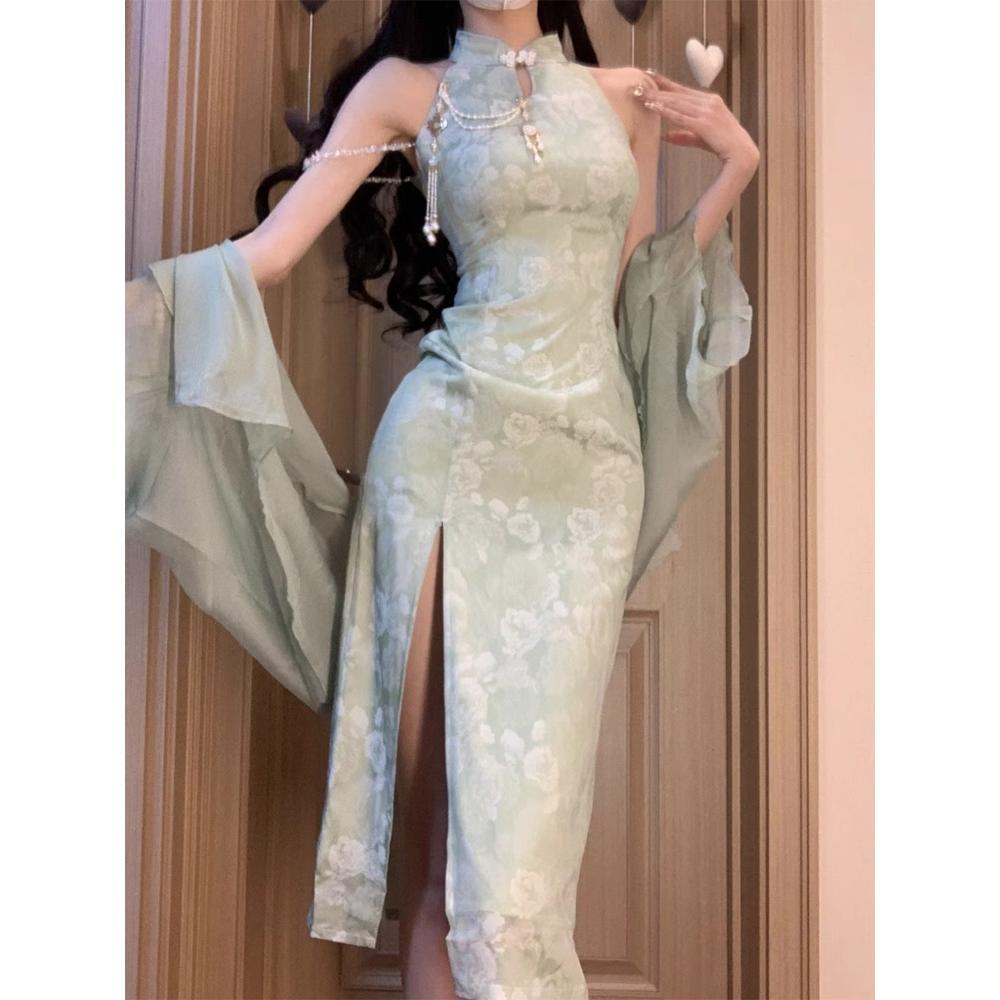 Grünes Cheongsam im nationalen Stil, verbessert, neues reines Verlangen, neuer chinesischer Kragen, lässiges Damenkleid, Damenstil, langes Kleid