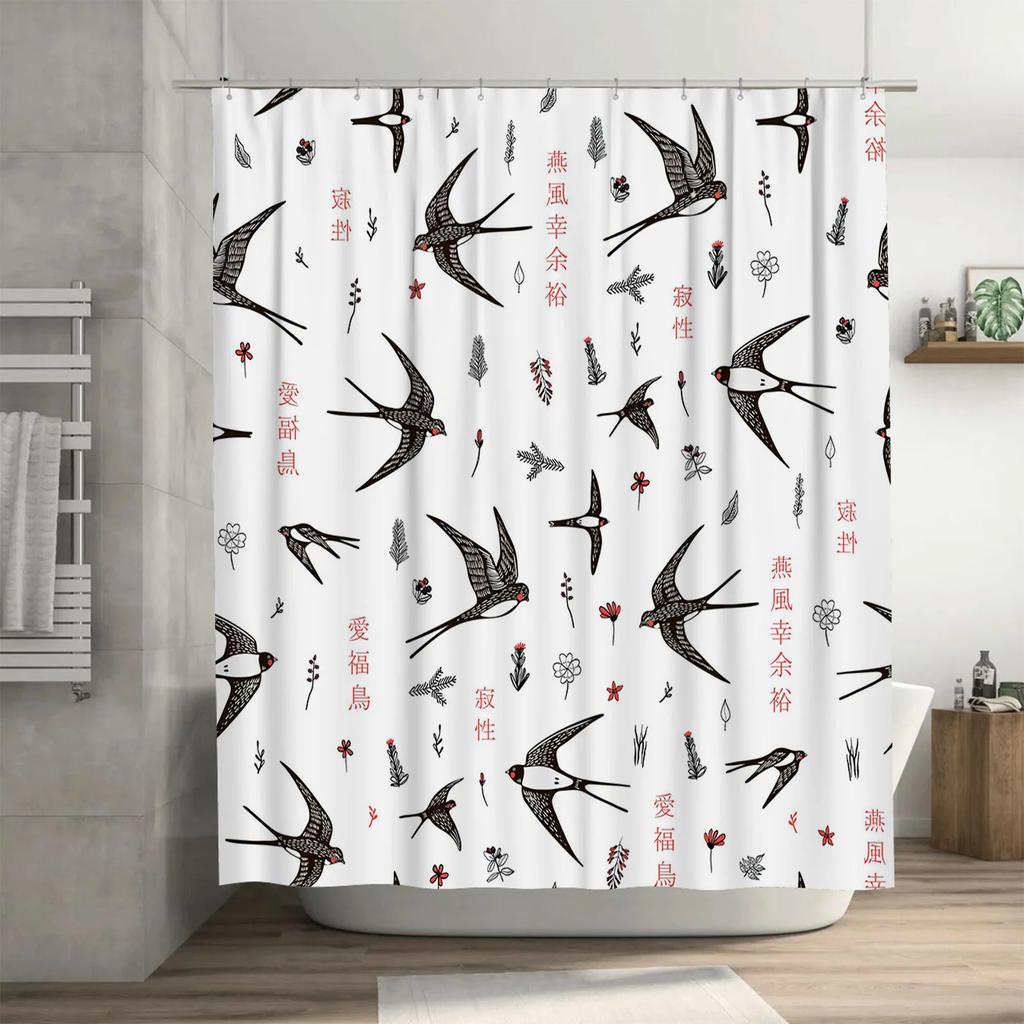 Black White Swallow Birds Shower Curtain for Bathroom Decor Floral Design Printed Waterproof Home Decoration in Bath Curtains