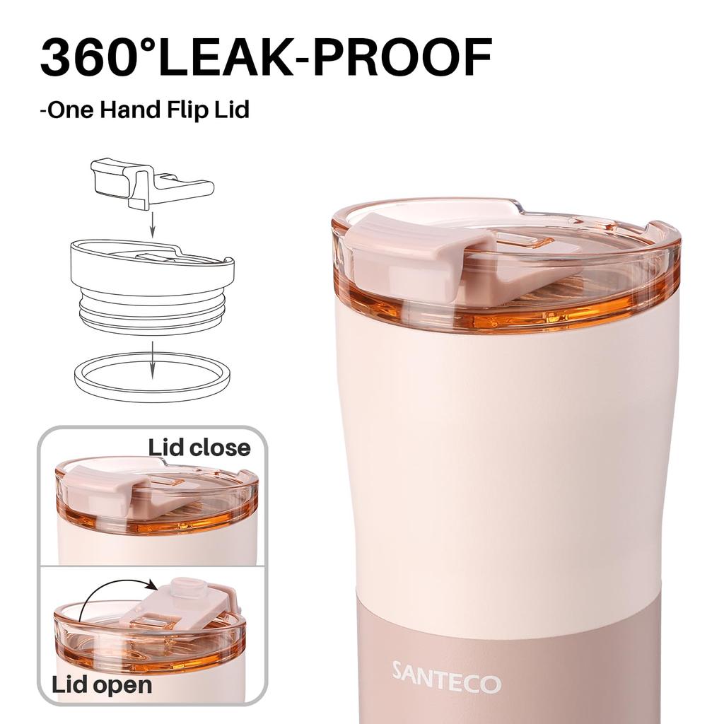 SANTECO 500ml Stainless Steel Vacuum Insulated Tumbler with Keeps Hot or Coffee Water Outdoor Light Pink Wide-Mouth Lid, Cold, Cup, Bottle, Mug, Car,