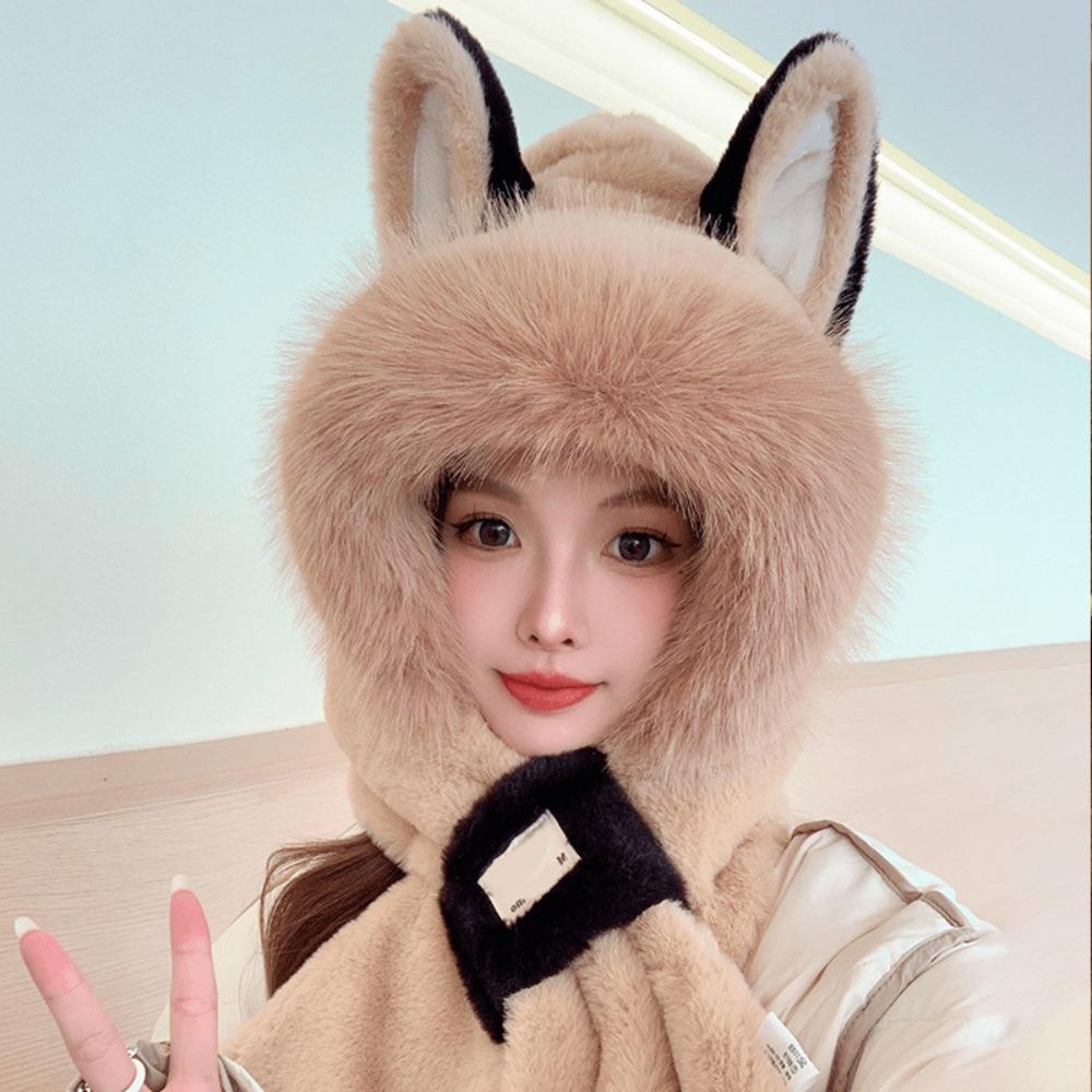 

Soft Plush Beanie Hat Scarf Windproof Ear Protection Cap Winter Neck Warmer for Women хаки