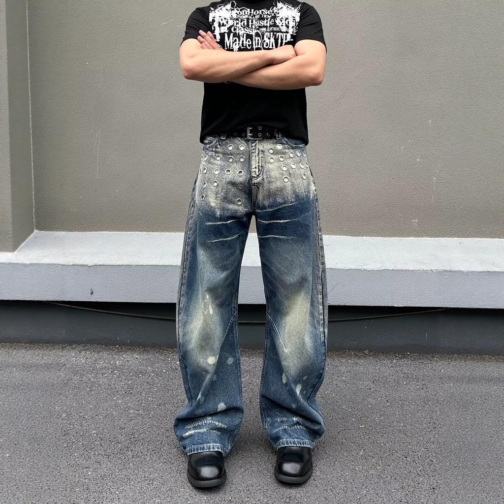 High Street American Metal Air Eye Design Scimitar Ink Splashing Jeans Washed White Straight Wide Leg Floor Mopping Pants Men and Women