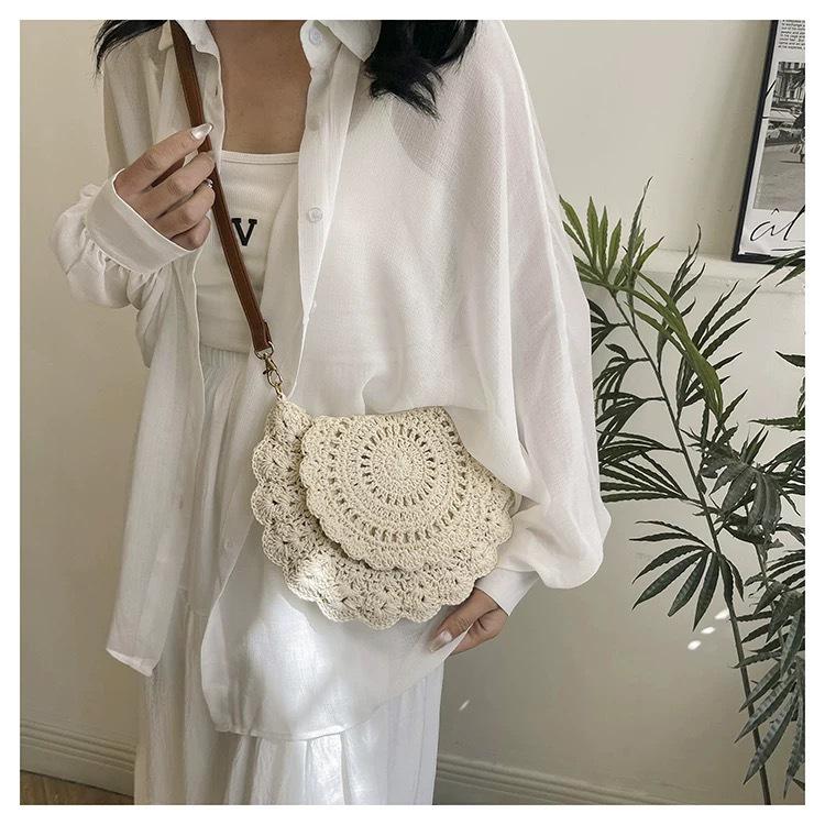 Lace Knit Cotton Crossbody Bag - Hollow Out Straw Shoulder Bag for Beach & Everyday Use