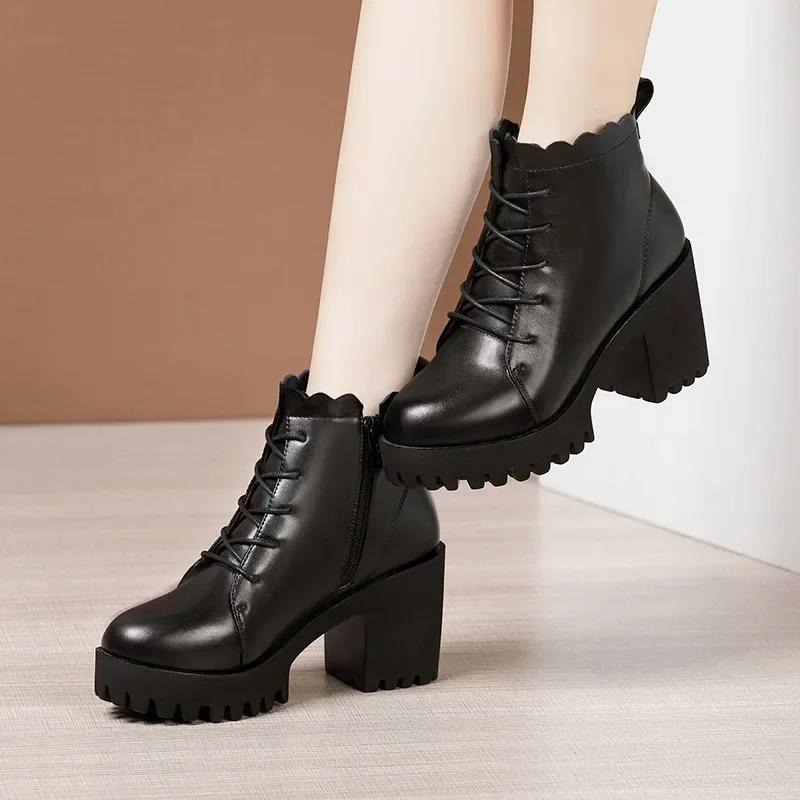 8cm Small Size 32-43 New Soft Leather Boots Platform Shoes Fall Winter 2025 Block High Heels Short Fur Ankle Boots Office Mom