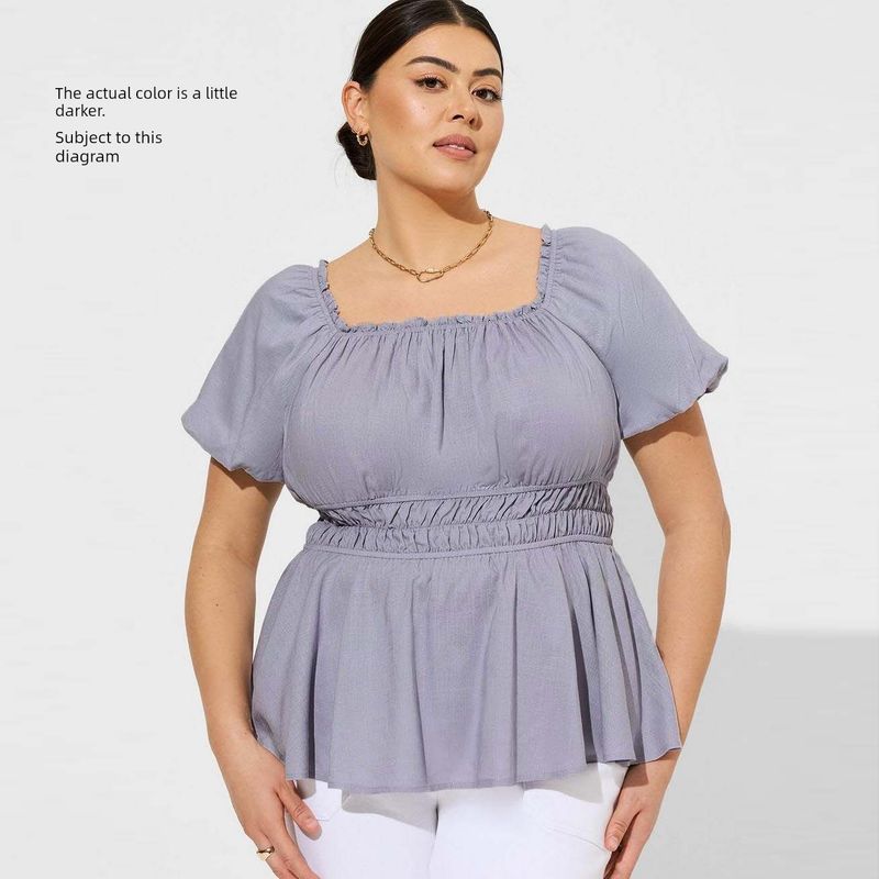 

Women s Clothing Plus Size Ladies French Square Collar Puff Short Sleeve Shirt Women s Summer Waist-Tight Slim Looking Anti-Aging Top Export Fashion Defective 3
