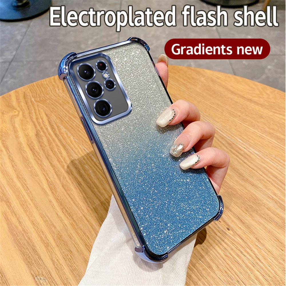 Gradient Glitter Plating Clear Phone Case For Samsung Galaxy S24 S23 S22 Plus Ultra S20FE S21FE Note 20 Ultra Shockproof Cover