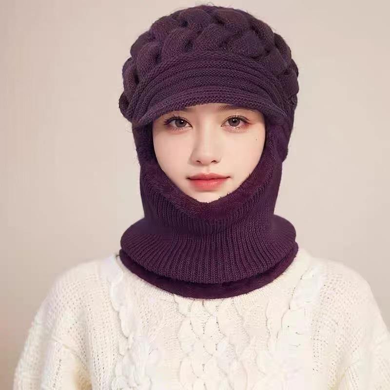 Fashion Winter Knitted Hat with Windproof Brim Fleece Lining Ear Protection Hat Thicken Warm Neck Warmer Set For Women