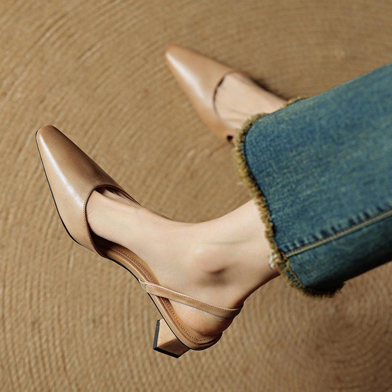 Fashion 2025 Summer Women Sandals Genuine Leather Women Shoes Cover Toe Slingback Shoes Pointed Toe Med Heel Concise Designer Sandals