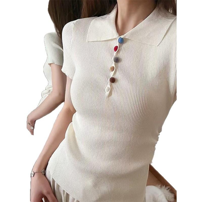 Summer sweet waist and thin shoulder POLO shirt short-sleeved T-shirt women's trend color button short top ins