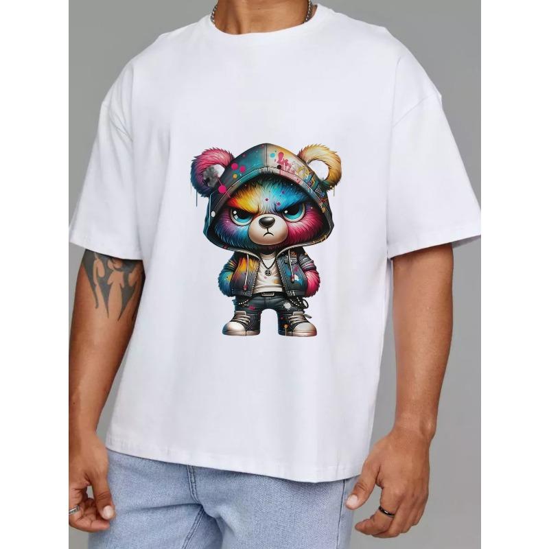 Cute Bear Hoodie Design White T-Shirt with Colorful Graffiti Bear Pattern for Casual Wear and Street Style Outfits