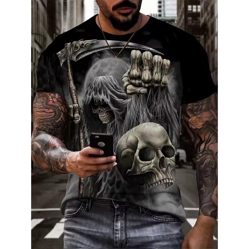 Men's Summer Casual T-Shirt 3D Golden Lightning Skull Print Short Sleeve Streetwear