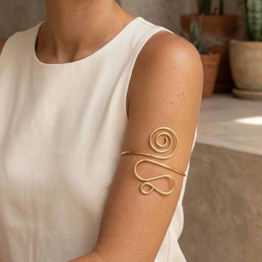 Minimalist Spiral Wire Upper Arm Cuff Bracelet Boho Adjustable Open Armlet Bangle Gold Color Summer Jewelry for Women