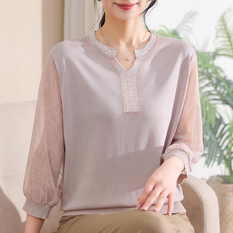 Mom's Spring Gauze Knit Top - Breathable Seven-Sleeve T-Shirt for Middle-Aged and Elderly Women