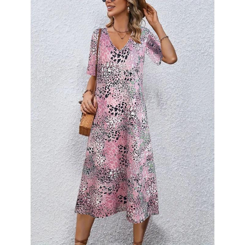 

Женское платье с цветочным принтом, весна/лето, V-образный вырез, короткие рукава, длинное платье XXL розовый