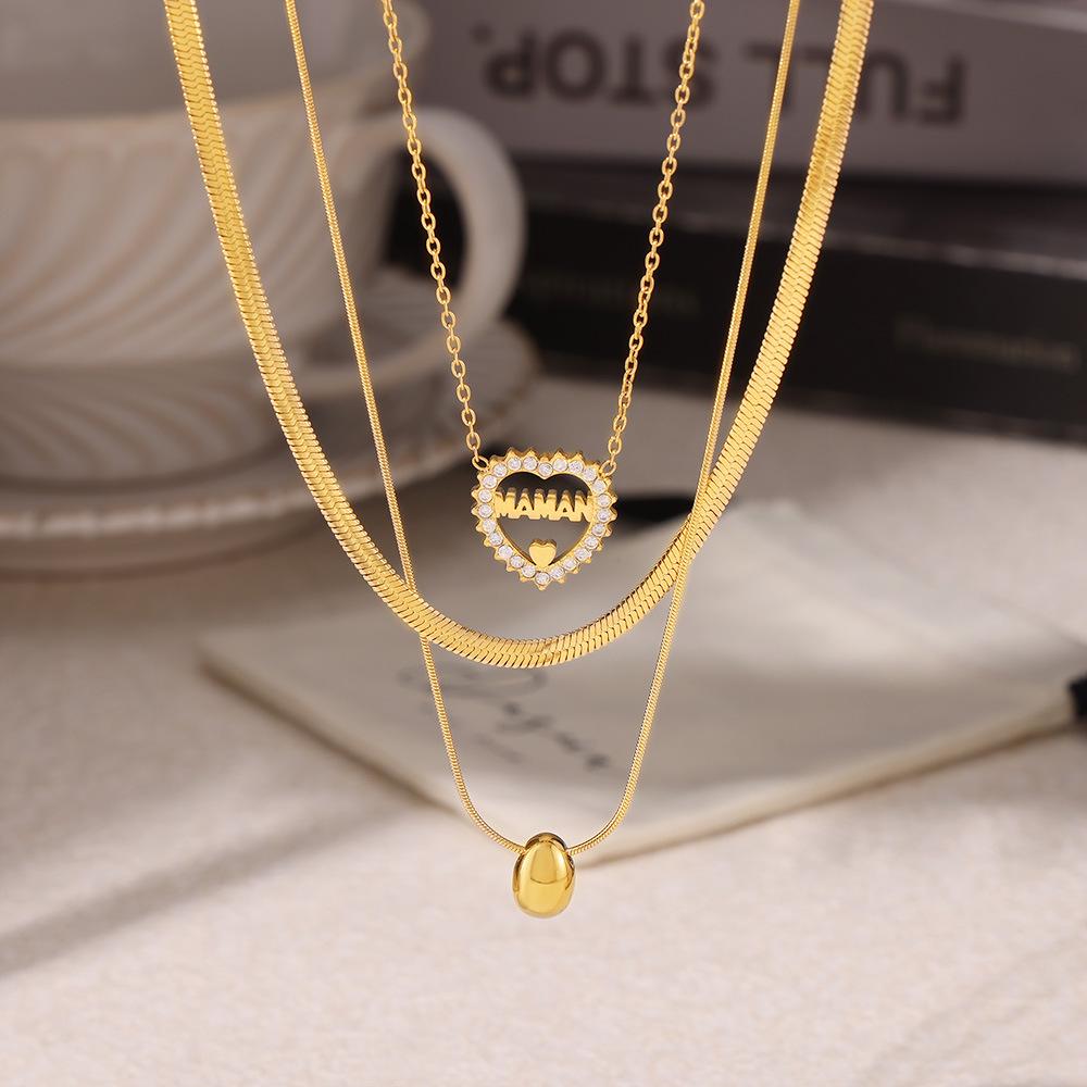 Trendy Double-Layer Waterdrop Pendant Necklace with Letter & Heart Diamond Inlay for Women