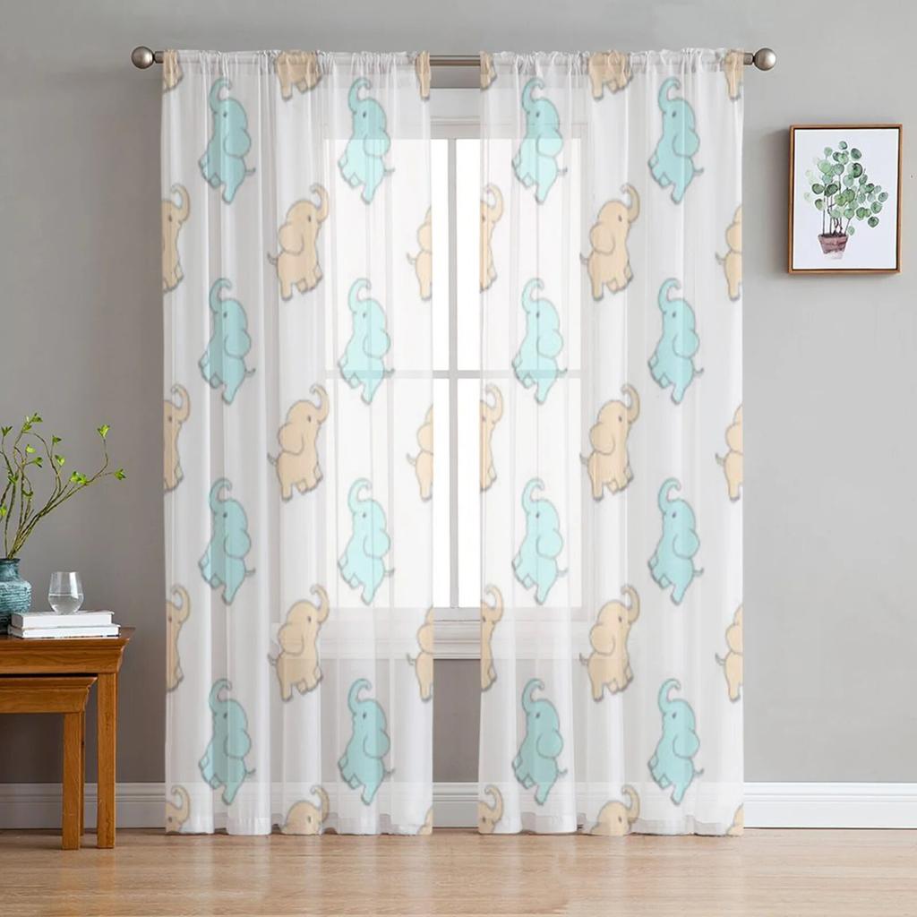 Elephant Mom And Baby Tulle Sheer Curtains For Kitchen Window Living Room Modern Voile Curtain Bedroom Drapes