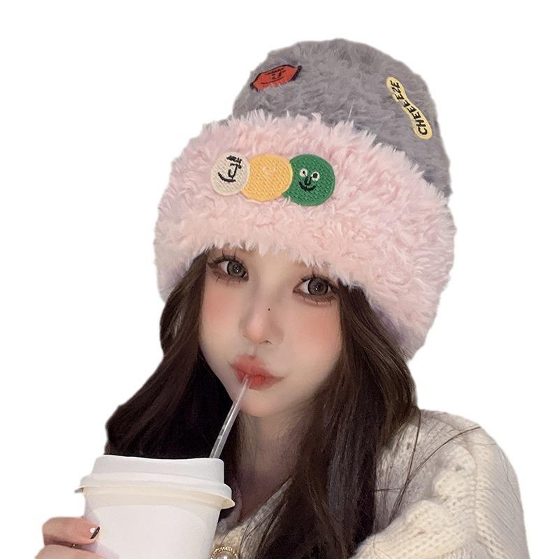 Dopamine Plush Hat Winter Warm Wool Hat Korean Style Versatile Face Showing Small Knit Hat Big Head Hat Women