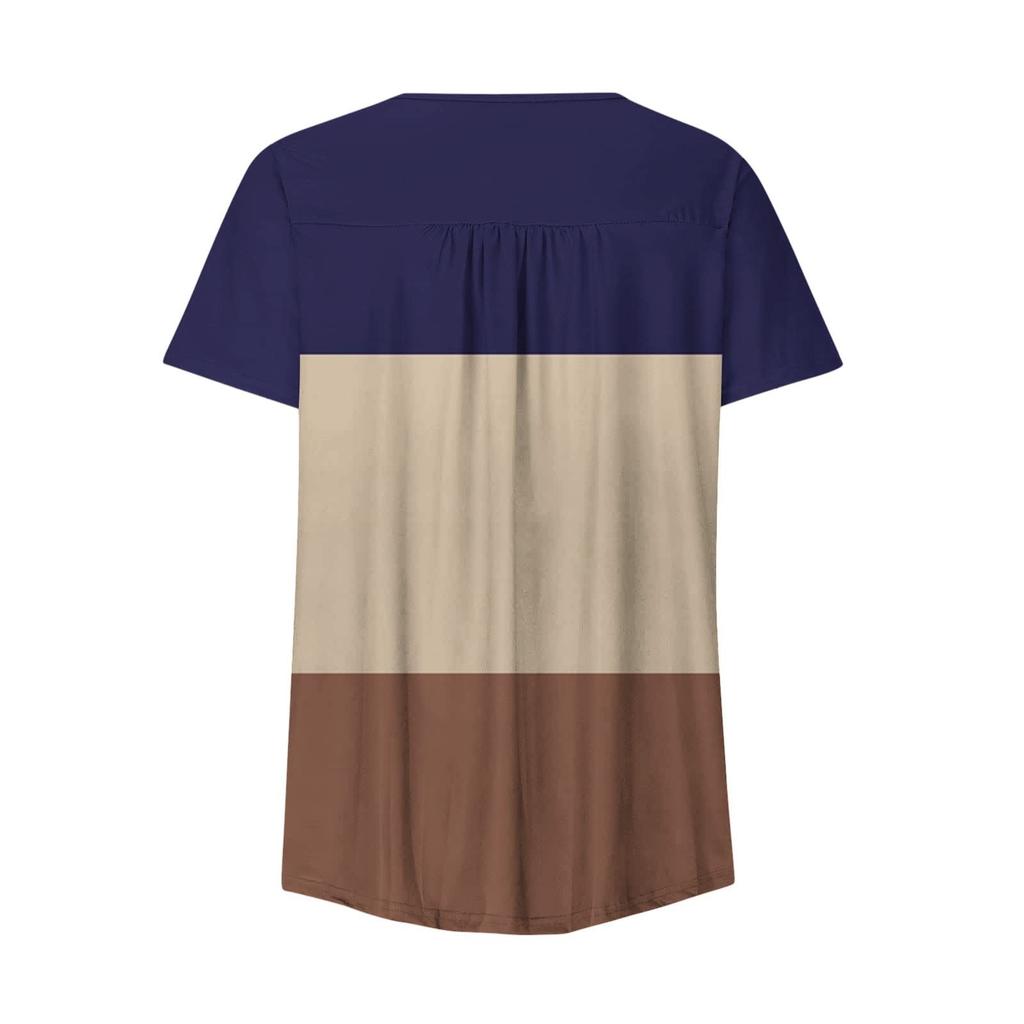 T-shirt à manches courtes pour femmes, col en v, bloc de couleurs, Patchwork imprimé bouton fleur