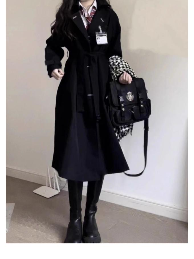 Women's Black Mid-Length Trench Coat - 2023 Spring/Autumn, School Uniform JK Korean Style, Petite Fit.