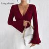 2026 New Women's Long-sleeved V-neck Flared Sleeve Wine Red T-shirt Autumn and Winter Slim-fit Base Shirt Top