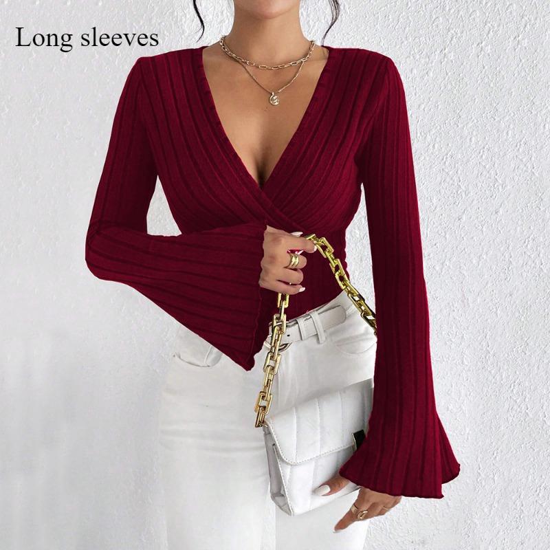 2026 New Women's Long-sleeved V-neck Flared Sleeve Wine Red T-shirt Autumn and Winter Slim-fit Base Shirt Top