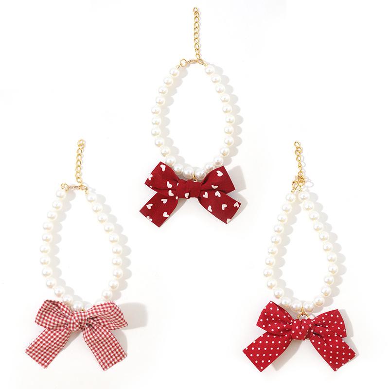 Pearl love pendant pet necklace, imitation pearl British lace pearl bow pet collar