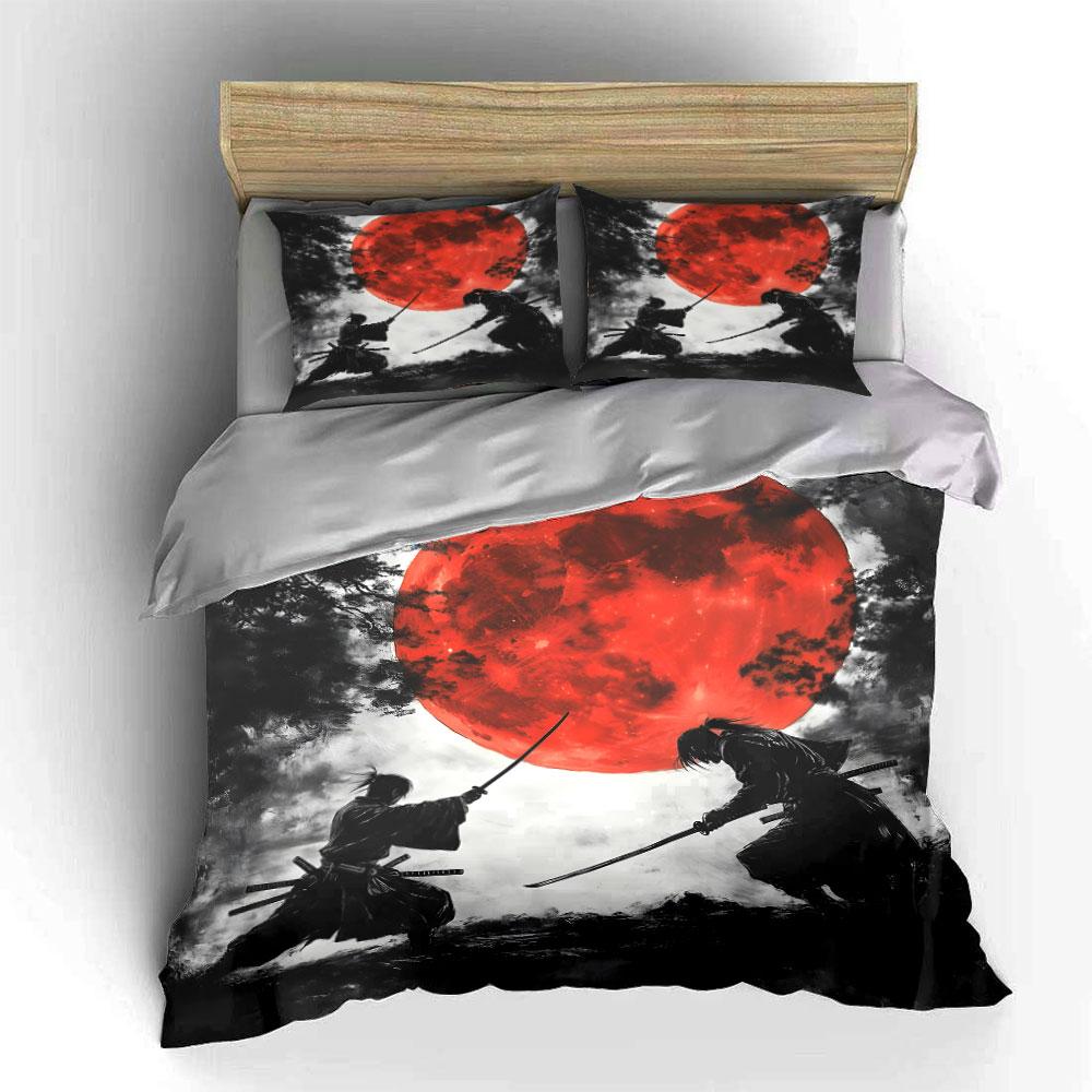 Samurai Duel Under Crimson Moon Bedding Set for Kids Luxury Gift 3pcs Digital Print Comforter Set Soft Comfortable Breathable